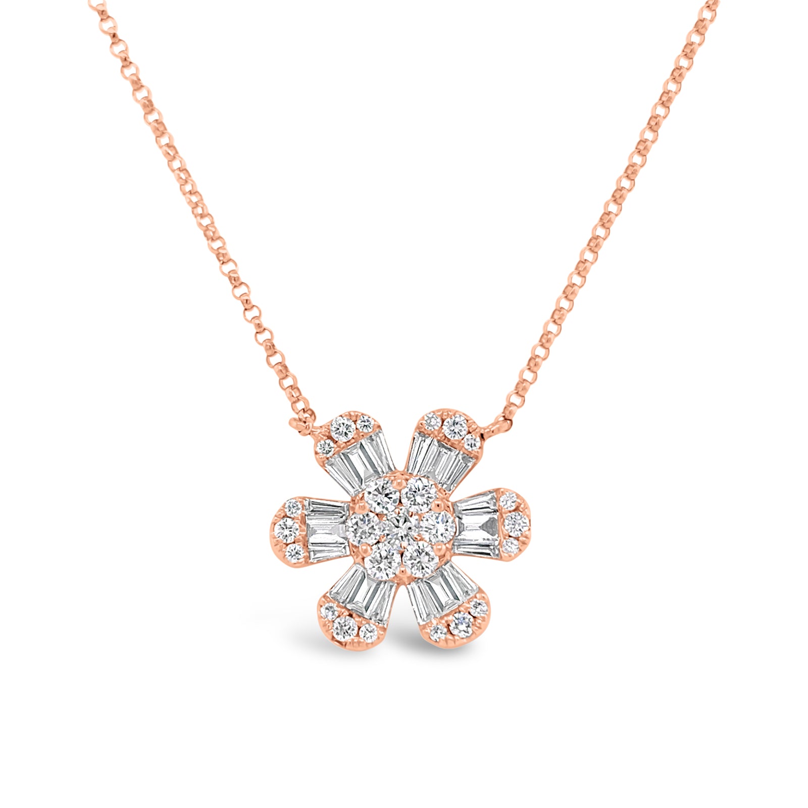 Round & Baguette Diamond Flower Pendant  -14K gold weighing 3.56 grams  -25 round diamonds totaling 0.47 carats  -18 straight baguettes totaling 0.46 carats