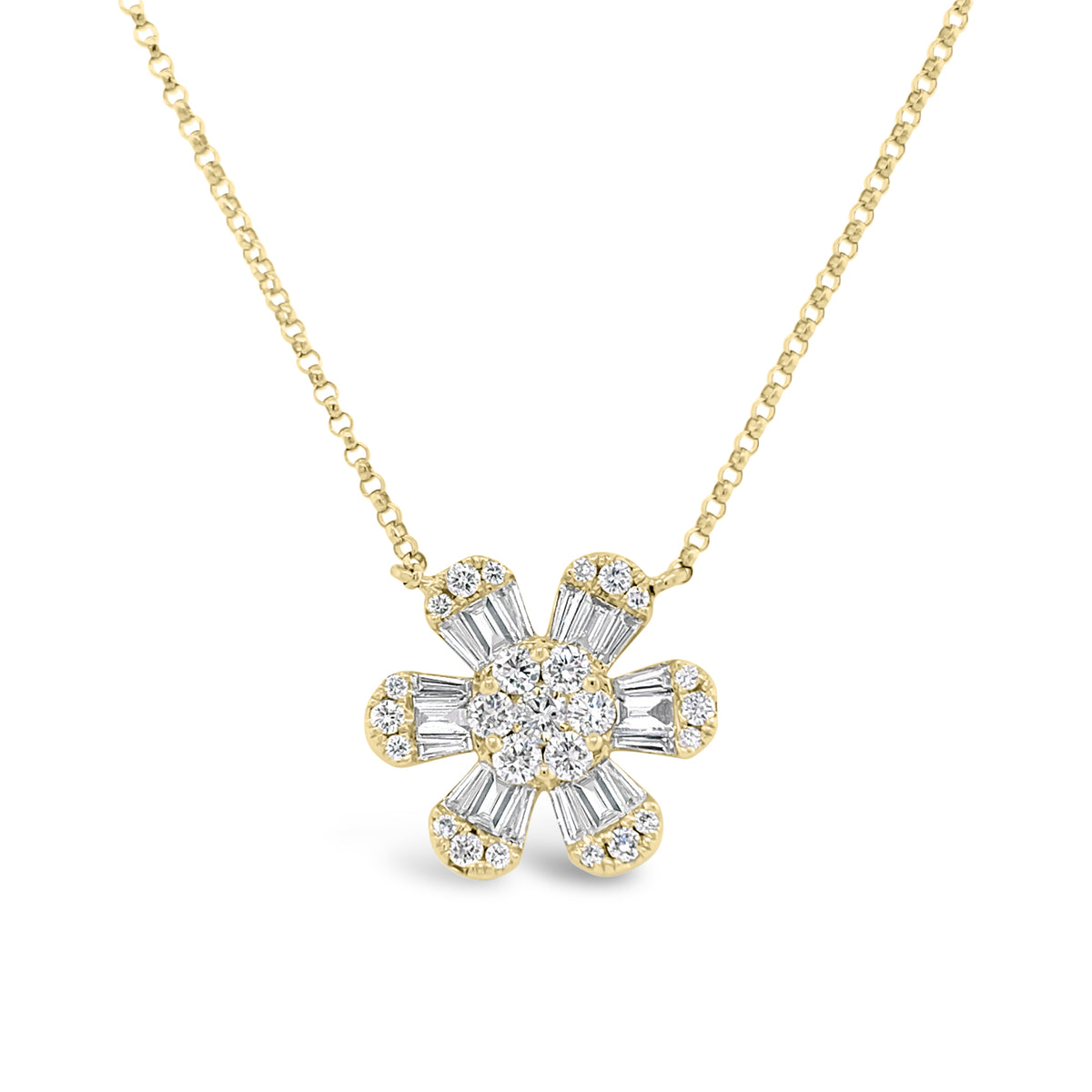 Round & Baguette Diamond Flower Pendant Necklace - Nuha Jewelers