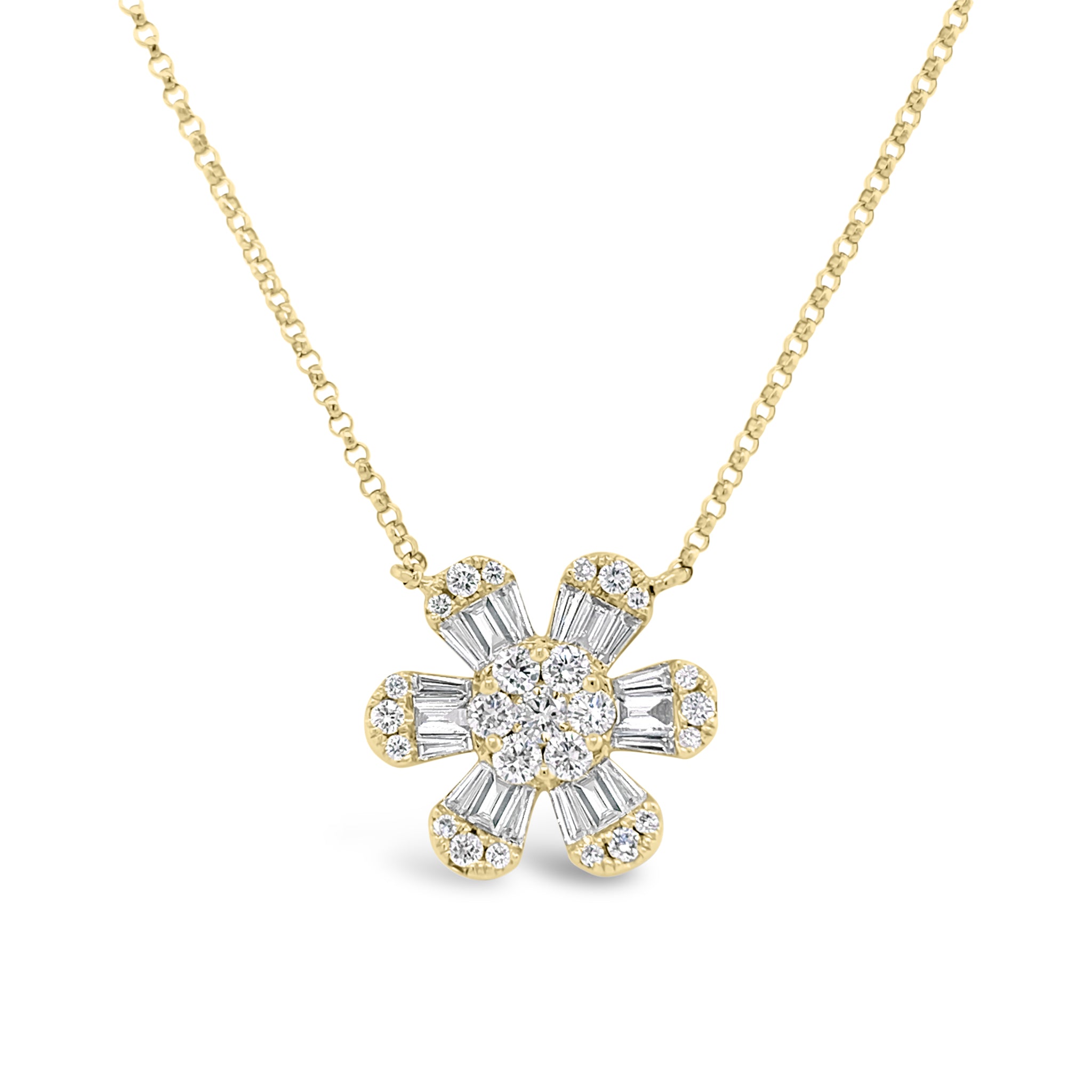 Round & Baguette Diamond Flower Pendant - Nuha Jewelers