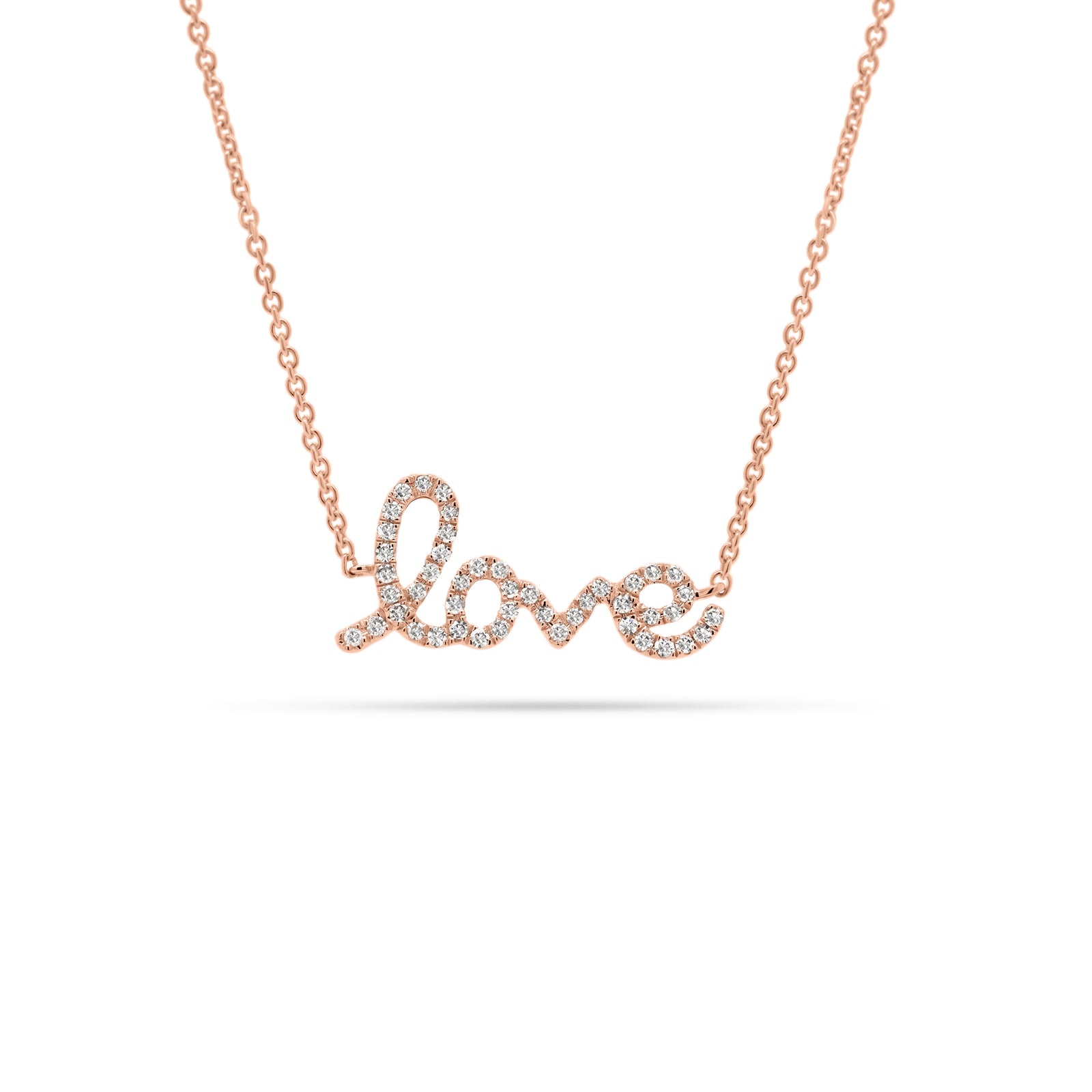 Small Diamond Love Script Necklace  - 14K gold weighing 1.74 grams  - 46 round diamonds totaling 0.10 carats