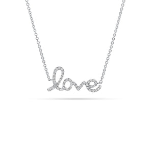 Small Diamond Love Script Necklace  - 14K gold weighing 1.74 grams  - 46 round diamonds totaling 0.10 carats