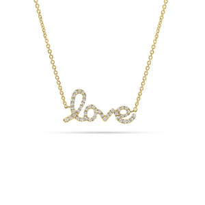 Small Diamond Love Script Necklace  - 14K gold weighing 1.74 grams  - 46 round diamonds totaling 0.10 carats