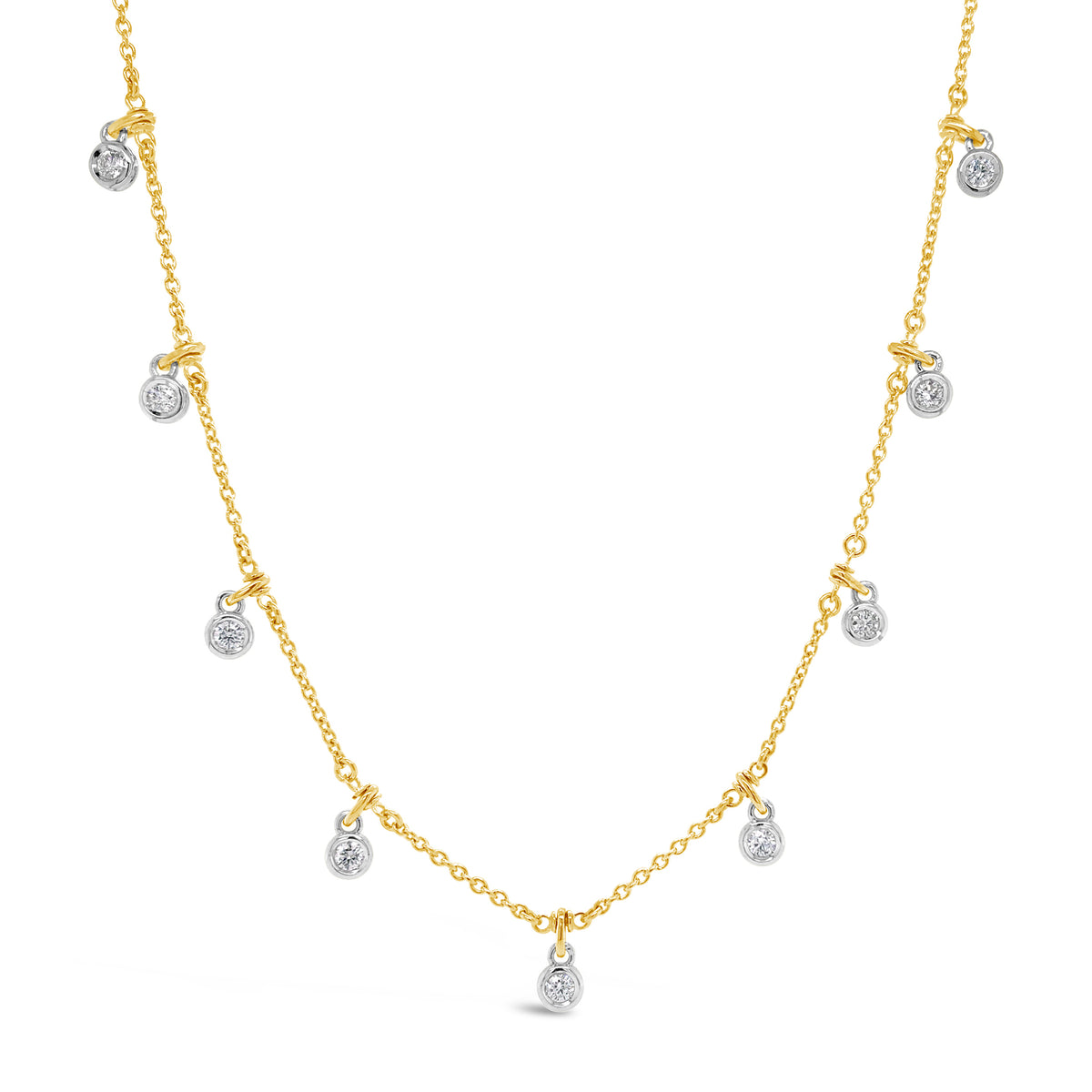 Diamond by the Yard Drip Necklace  - 14K gold weighing 6.25 grams.  - 9 round diamonds totaling 0.61 carats.