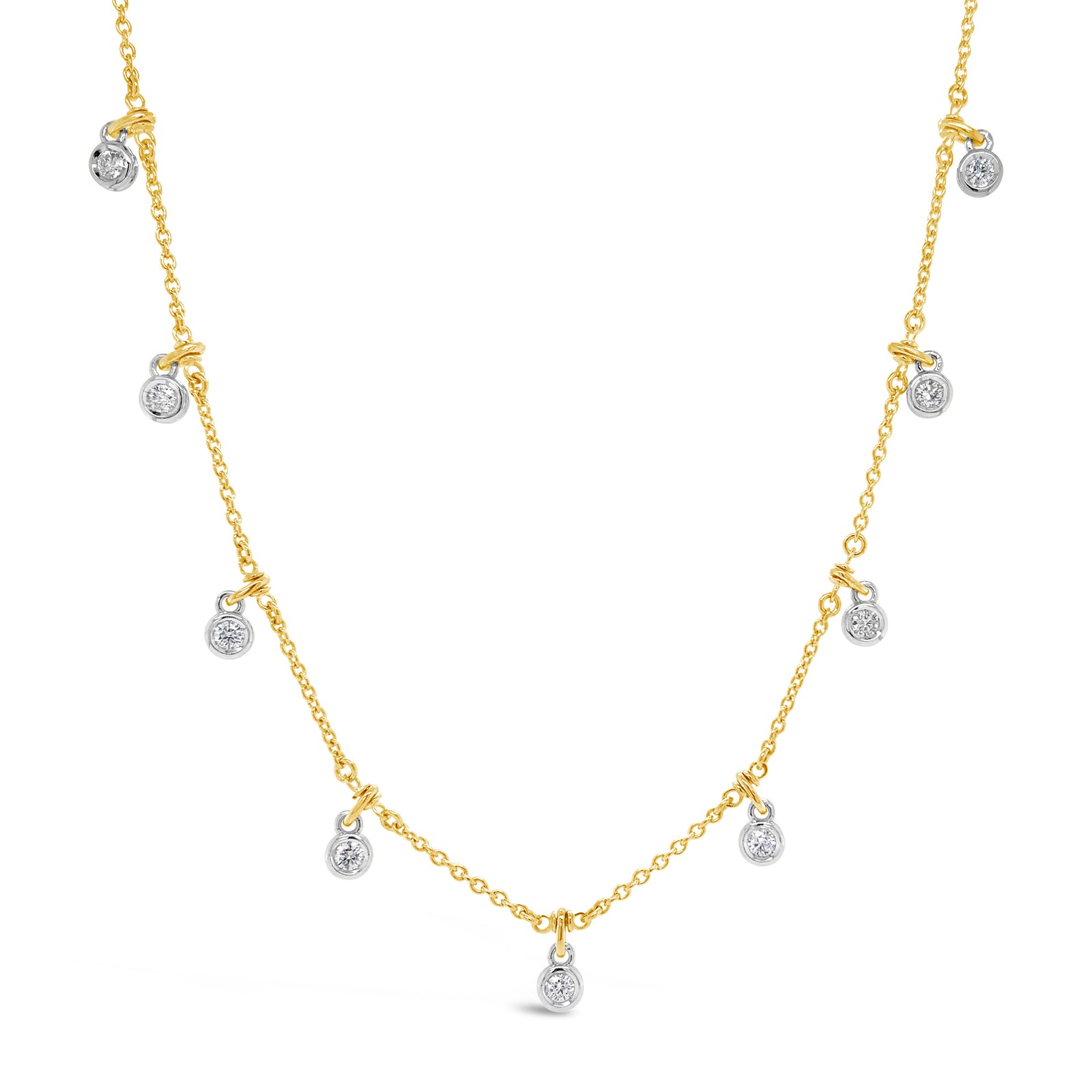 Diamond by the Yard Drip Necklace  - 14K gold weighing 6.25 grams.  - 9 round diamonds totaling 0.61 carats.
