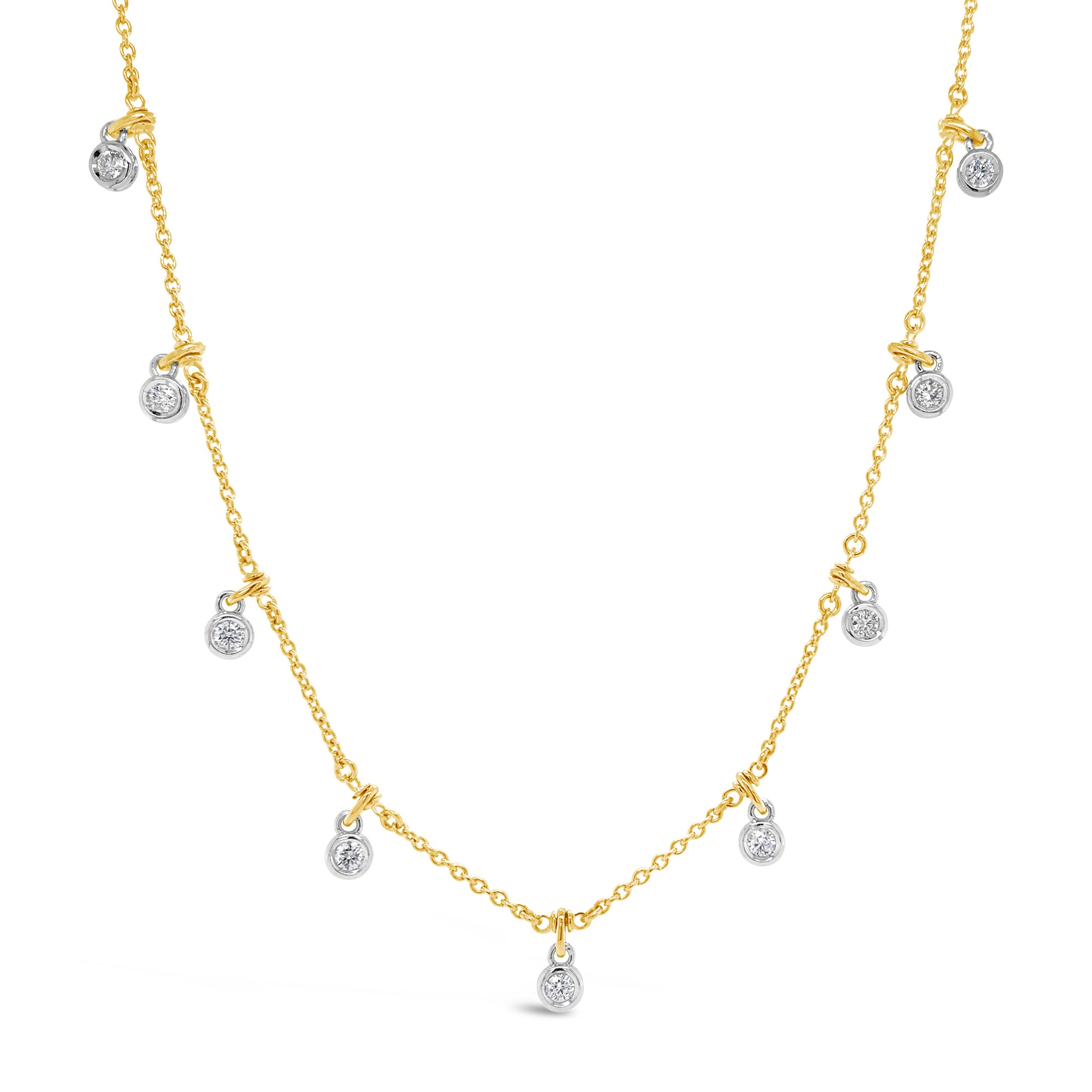 Diamond by the Yard Drip Necklace  - 14K gold weighing 6.25 grams.  - 9 round diamonds totaling 0.61 carats.