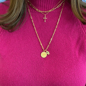 Female Model Wearing Diamond Good Vibes Medallion Necklace  - 14K gold weighing 3.18 grams  - 88 round diamonds totaling 0.24 carats