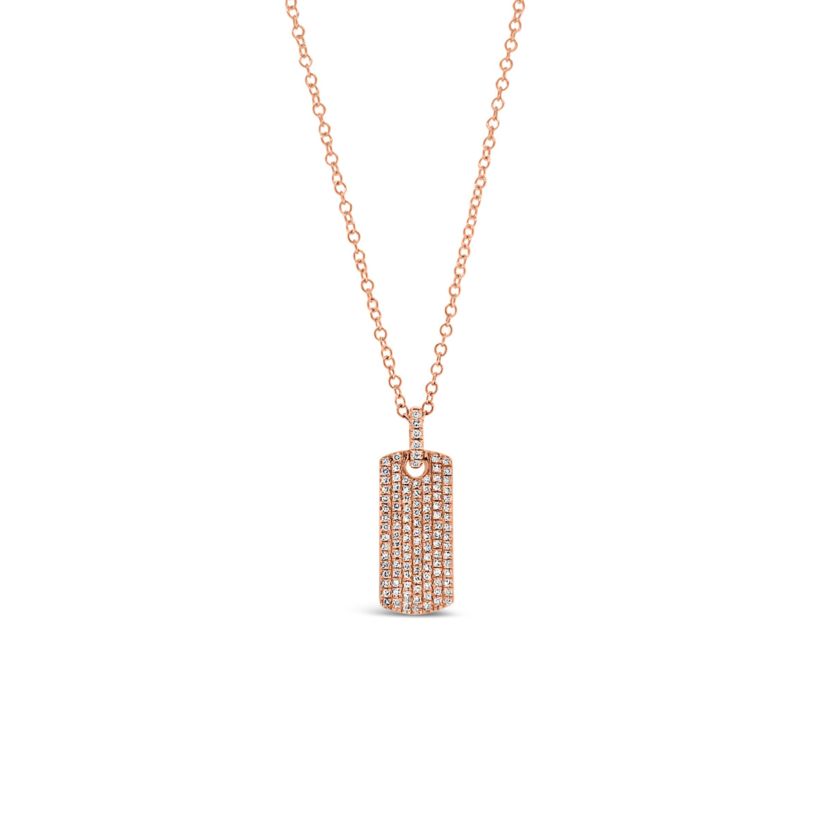 Diamond Dog Tag Necklace with Diamond Bail  - 14K gold weighing 2.18 grams  - 112 round diamonds totaling 0.23 carats