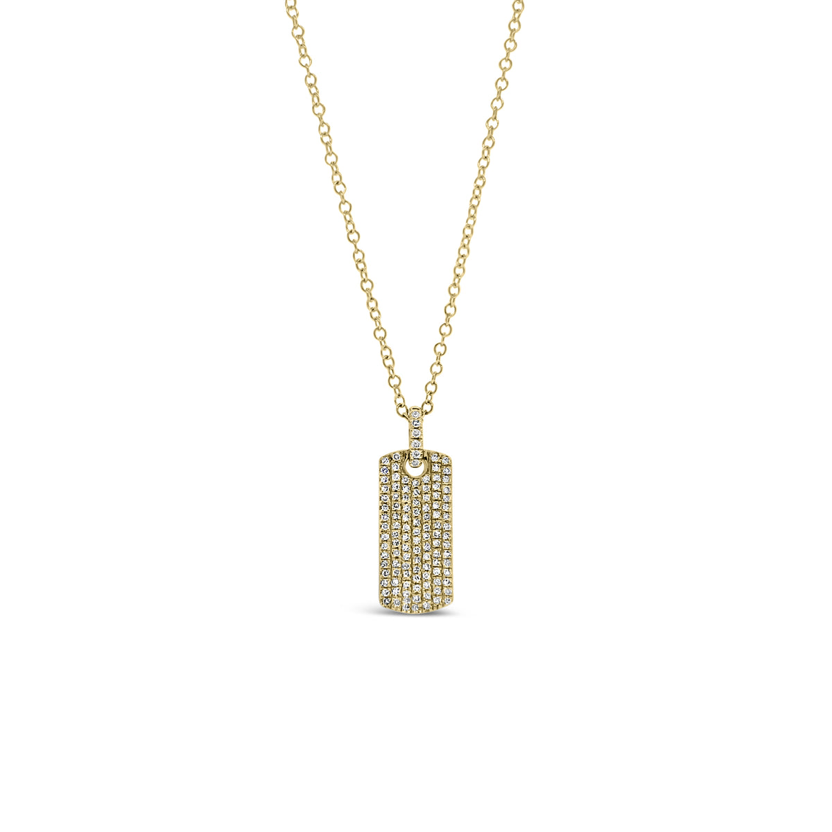 Diamond Dog Tag Necklace with Diamond Bail  - 14K gold weighing 2.18 grams  - 112 round diamonds totaling 0.23 carats