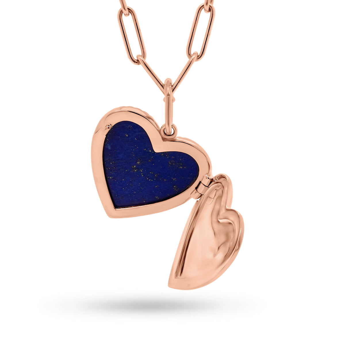 Lapis & Diamond Heart Locket - 14K rose gold weighing 3.89 grams - 50 round diamonds totaling 0.16 carats - 3.71 ct lapis