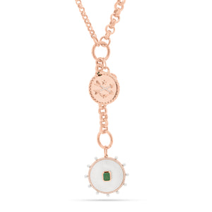 Emerald & Mother of Pearl Charm - 14K rose gold weighing 2.99 grams - 0.49 ct emerald - 74 round diamonds totaling 0.15 carats