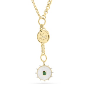 Emerald & Mother of Pearl Charm - 14K yellow gold weighing 2.99 grams - 0.49 ct emerald - 74 round diamonds totaling 0.15 carats
