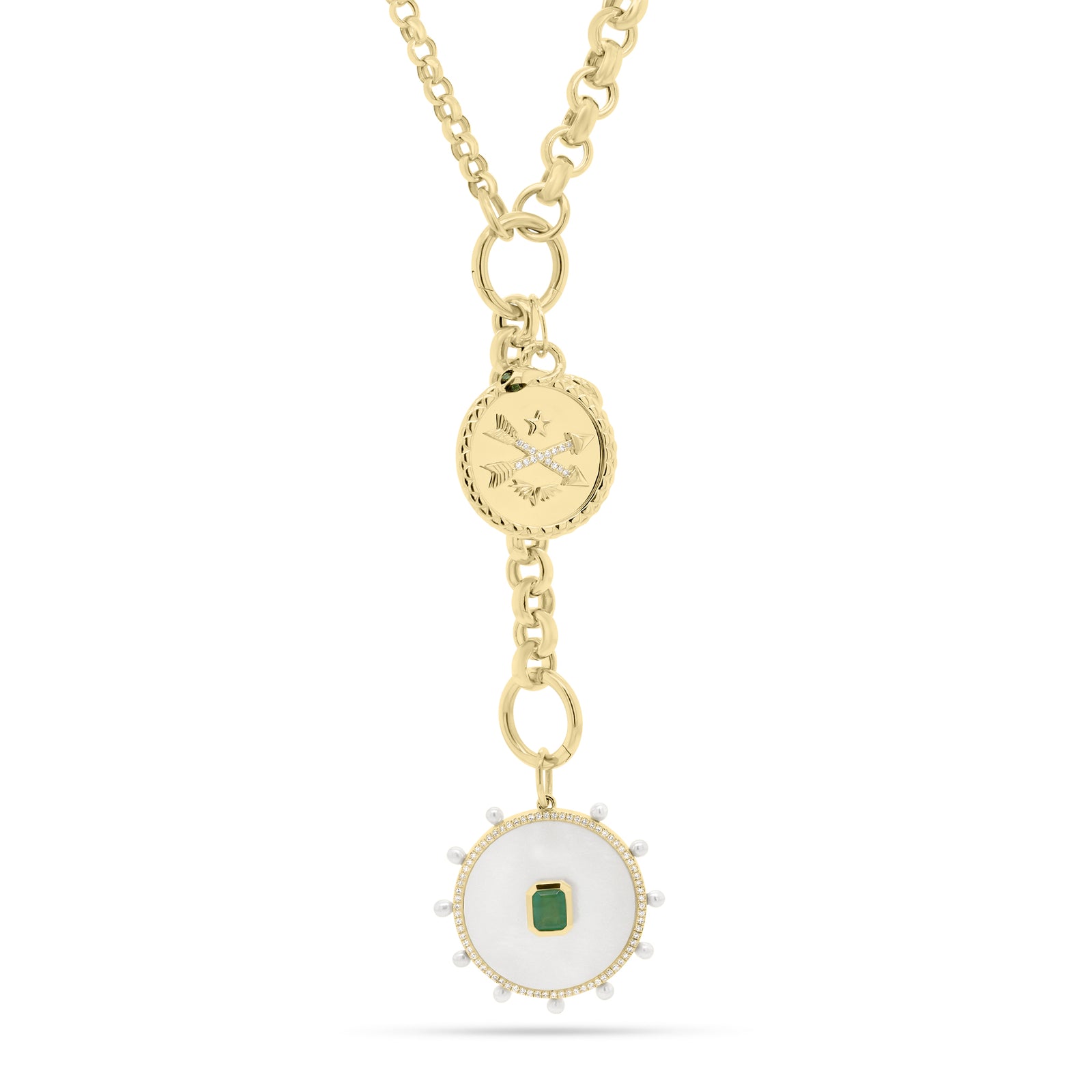 Emerald & Diamond Arrows & Snake Pendant - 14K gold weighing 3.53 grams - 15 round diamonds totaling 0.04 carats - 2 emeralds totaling 0.02 carats.