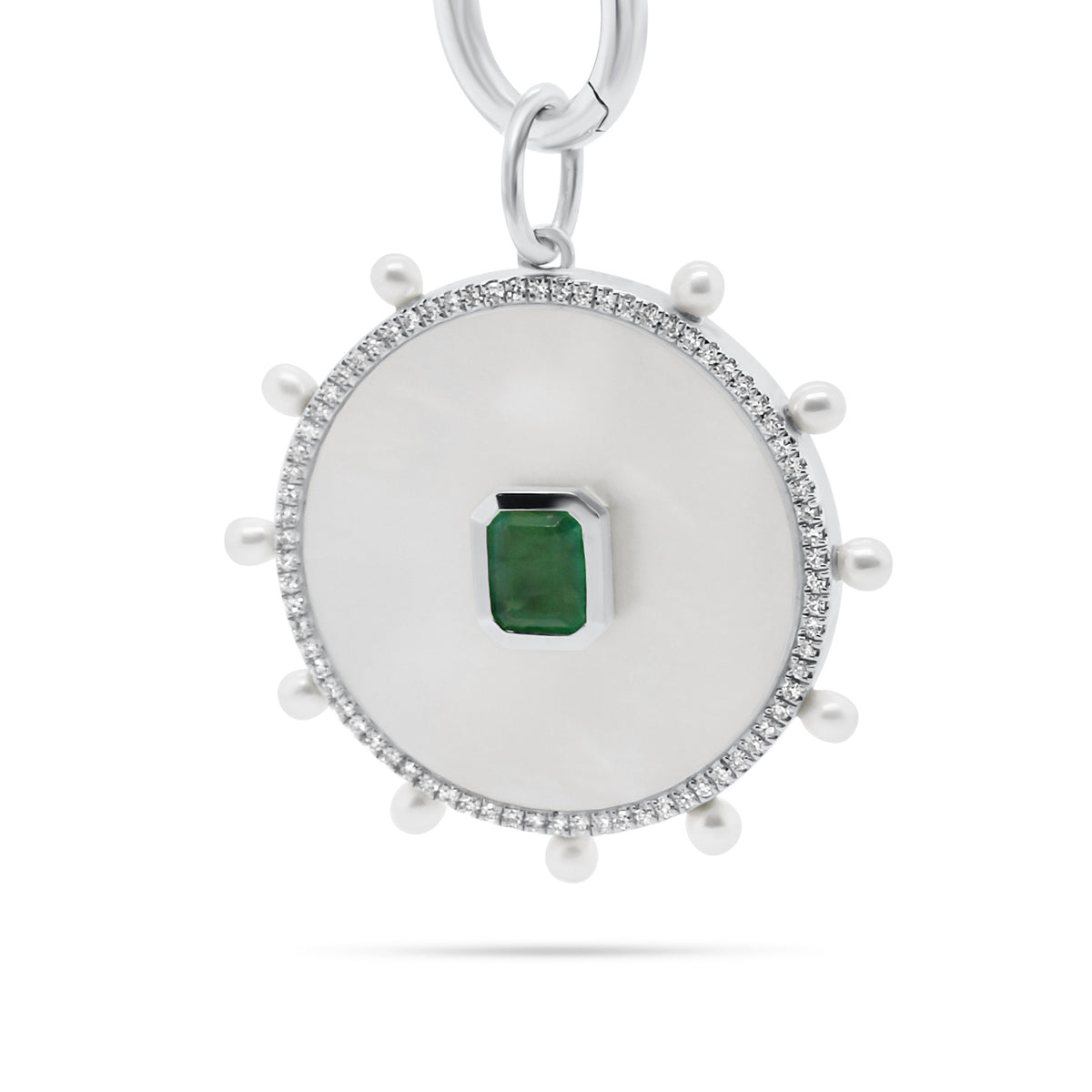 Emerald & Mother of Pearl Charm - 14K white gold weighing 2.99 grams - 0.49 ct emerald - 74 round diamonds totaling 0.15 carats