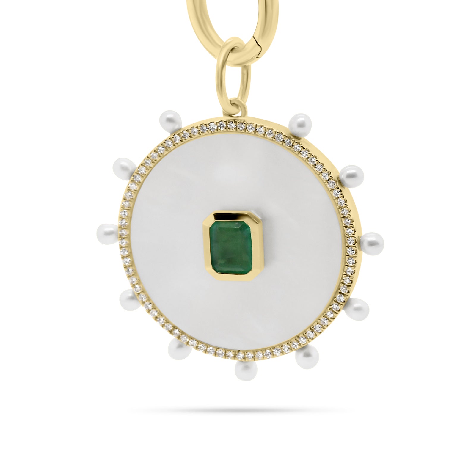 Emerald & Mother of Pearl Charm - 14K yellow gold weighing 2.99 grams  - 0.49 ct emerald  - 74 round diamonds totaling 0.15 carats