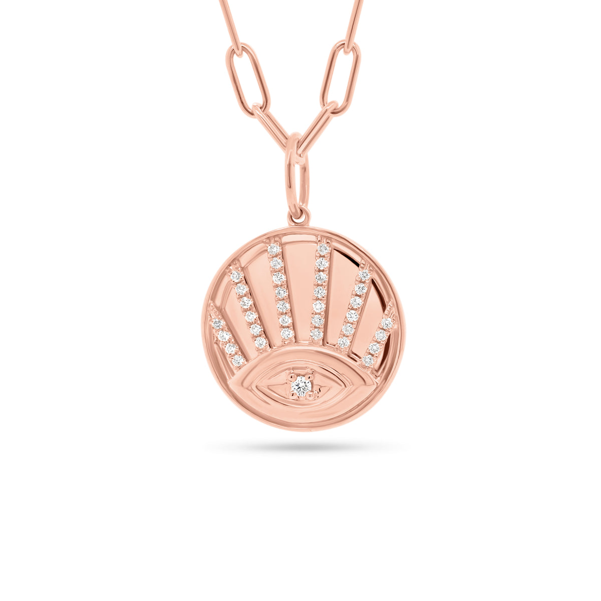 Diamond Evil Eye Disc Pendant - 14K rose gold weighing 4.47 grams - 35 round diamonds totaling 0.24 carats