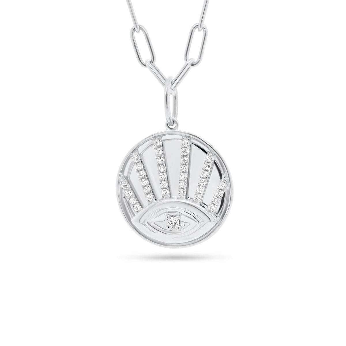 Diamond Evil Eye Disc Pendant - 14K white gold weighing 4.47 grams - 35 round diamonds totaling 0.24 carats