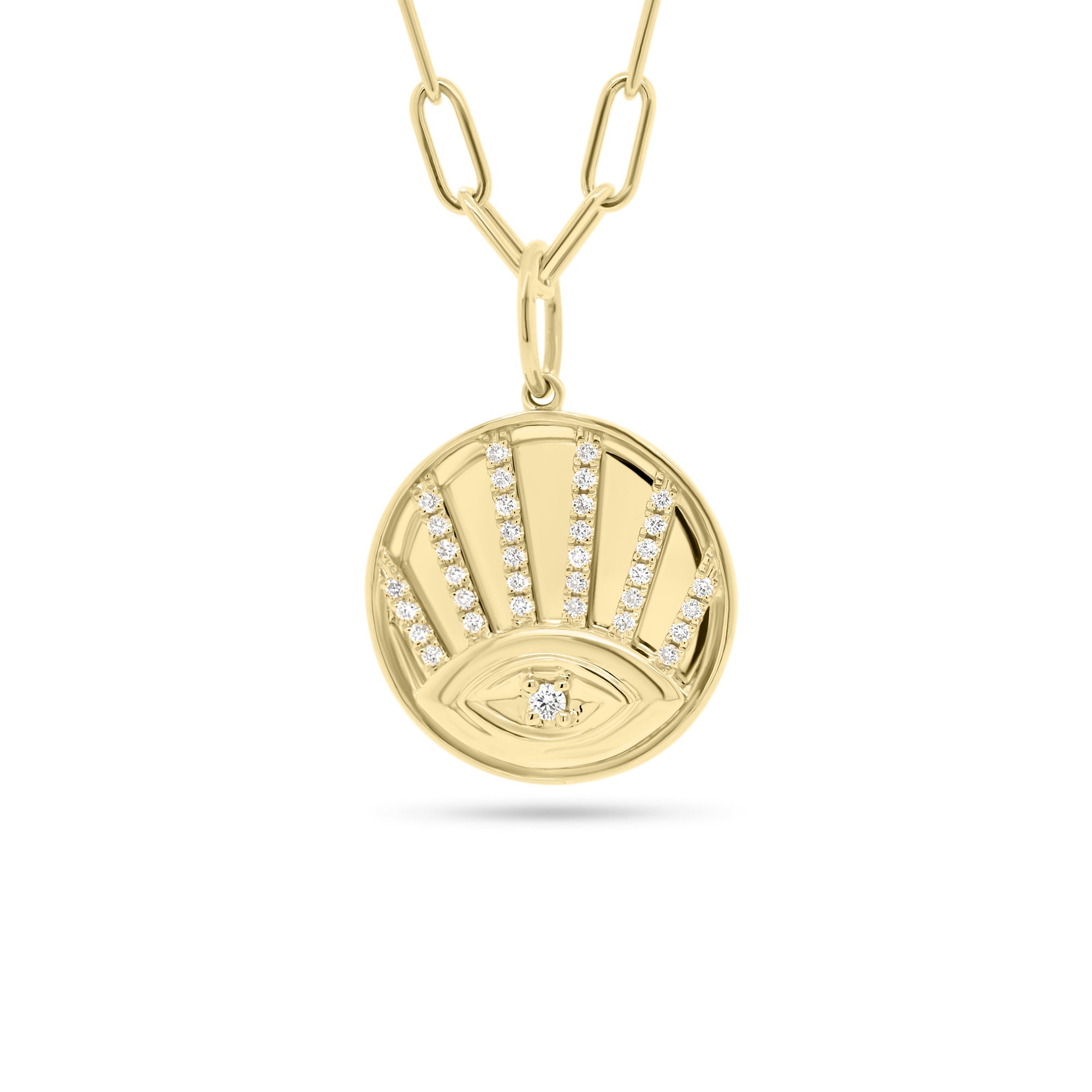 Diamond Evil Eye Disc Pendant - 14K yellow gold weighing 4.47 grams - 35 round diamonds totaling 0.24 carats
