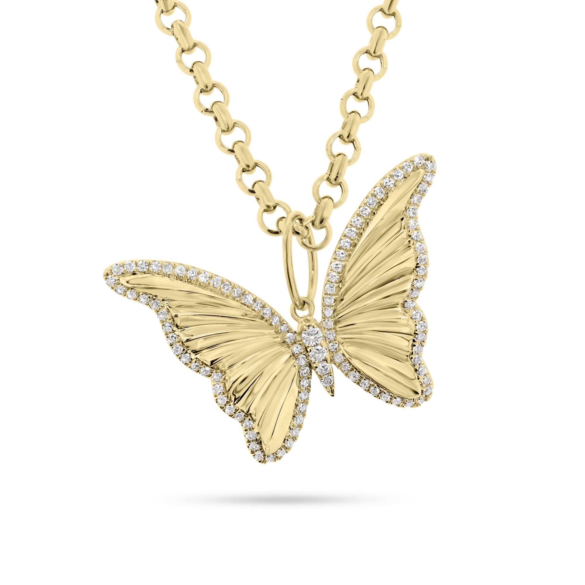 Diamond Butterfly Pendant - 14K yellow gold weighing 3.81 grams  - 102 round diamonds totaling 0.31 carats
