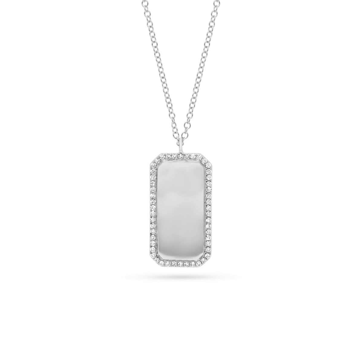 Diamond Framed Dog Tag Pendant  - 14K gold weighing 3.40 grams  - 50 round diamonds totaling 0.15 carats