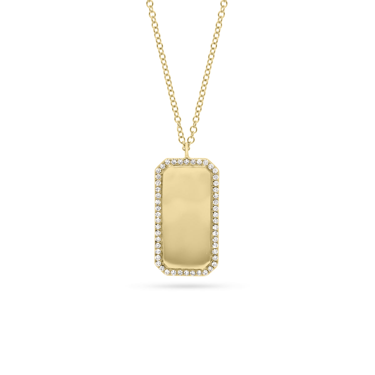 Diamond Framed Dog Tag Pendant  - 14K gold weighing 3.40 grams  - 50 round diamonds totaling 0.15 carats