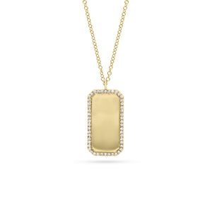 Diamond Framed Dog Tag Pendant  - 14K gold weighing 3.40 grams  - 50 round diamonds totaling 0.15 carats