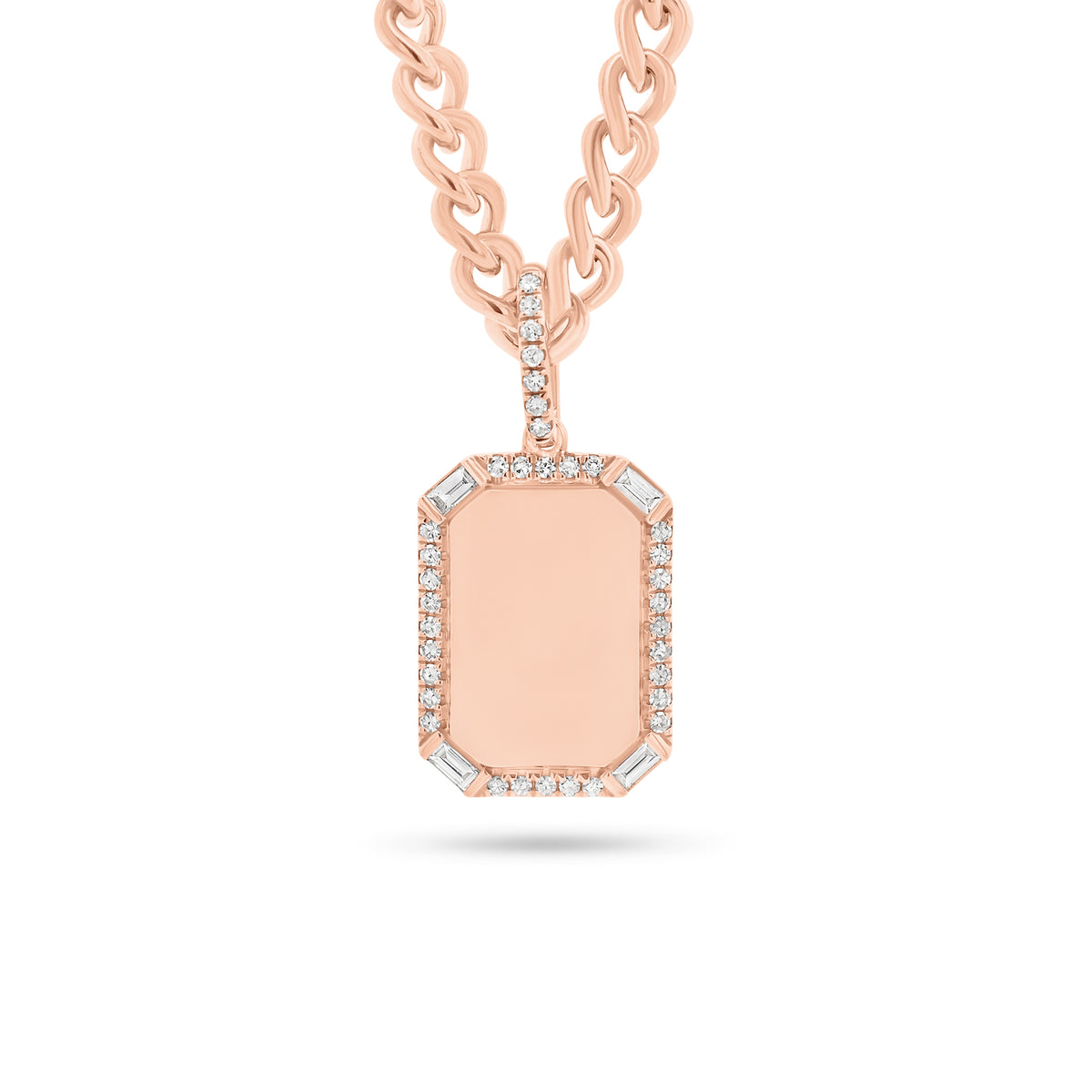 Pave & Baguette Diamond Dog Tag Pendant -14K rose gold weighing 2.77 grams  -39 round diamonds weighing 0.12 carats  -4 slim baguettes weighing 0.20 carats