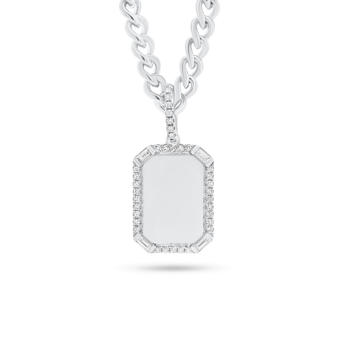 Pave & Baguette Diamond Dog Tag Pendant -14K white gold weighing 2.77 grams  -39 round diamonds weighing 0.12 carats  -4 slim baguettes weighing 0.20 carats