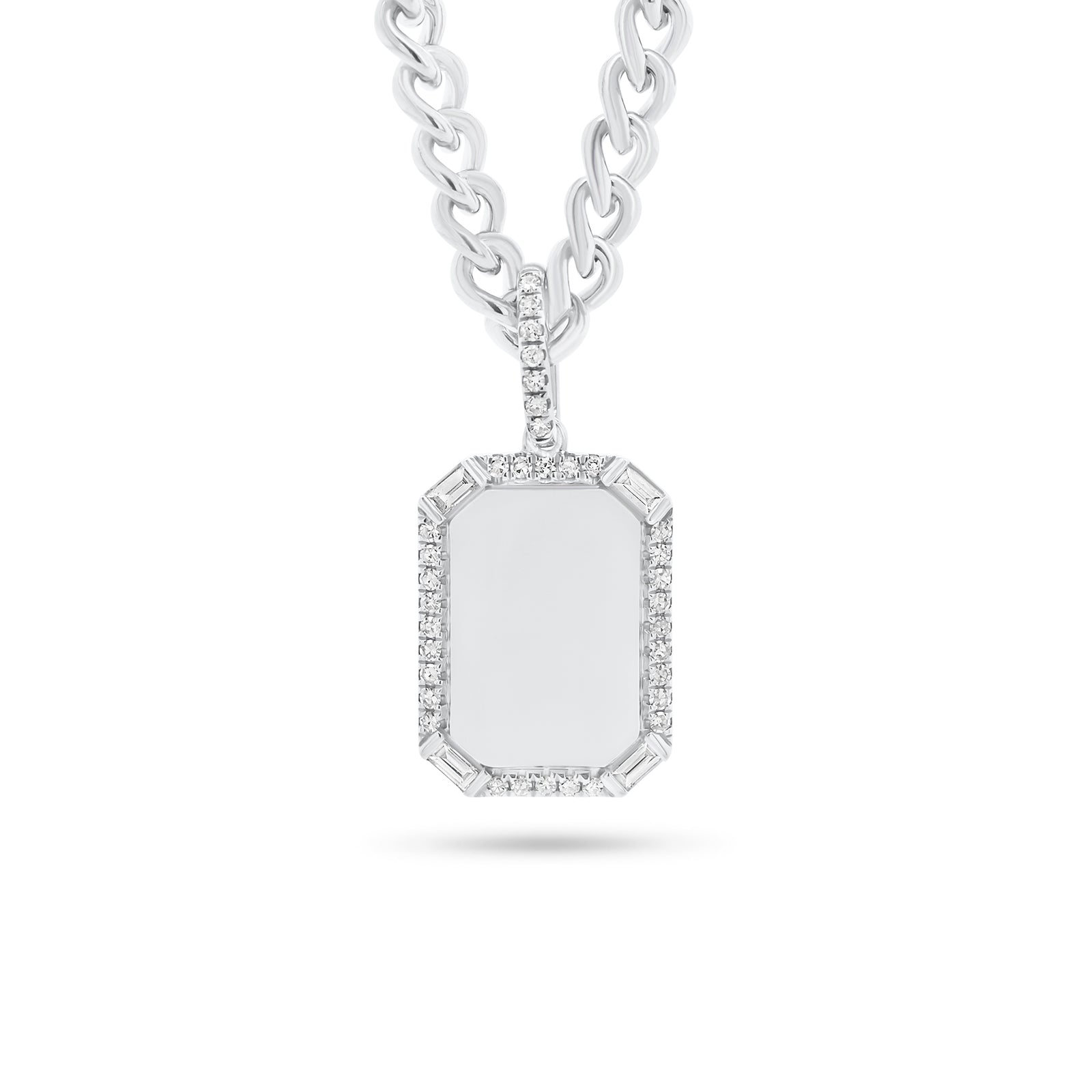 Pave & Baguette Diamond Dog Tag Pendant -14K yellow gold weighing 2.77 grams  -39 round diamonds weighing 0.12 carats  -4 slim baguettes weighing 0.20 carats