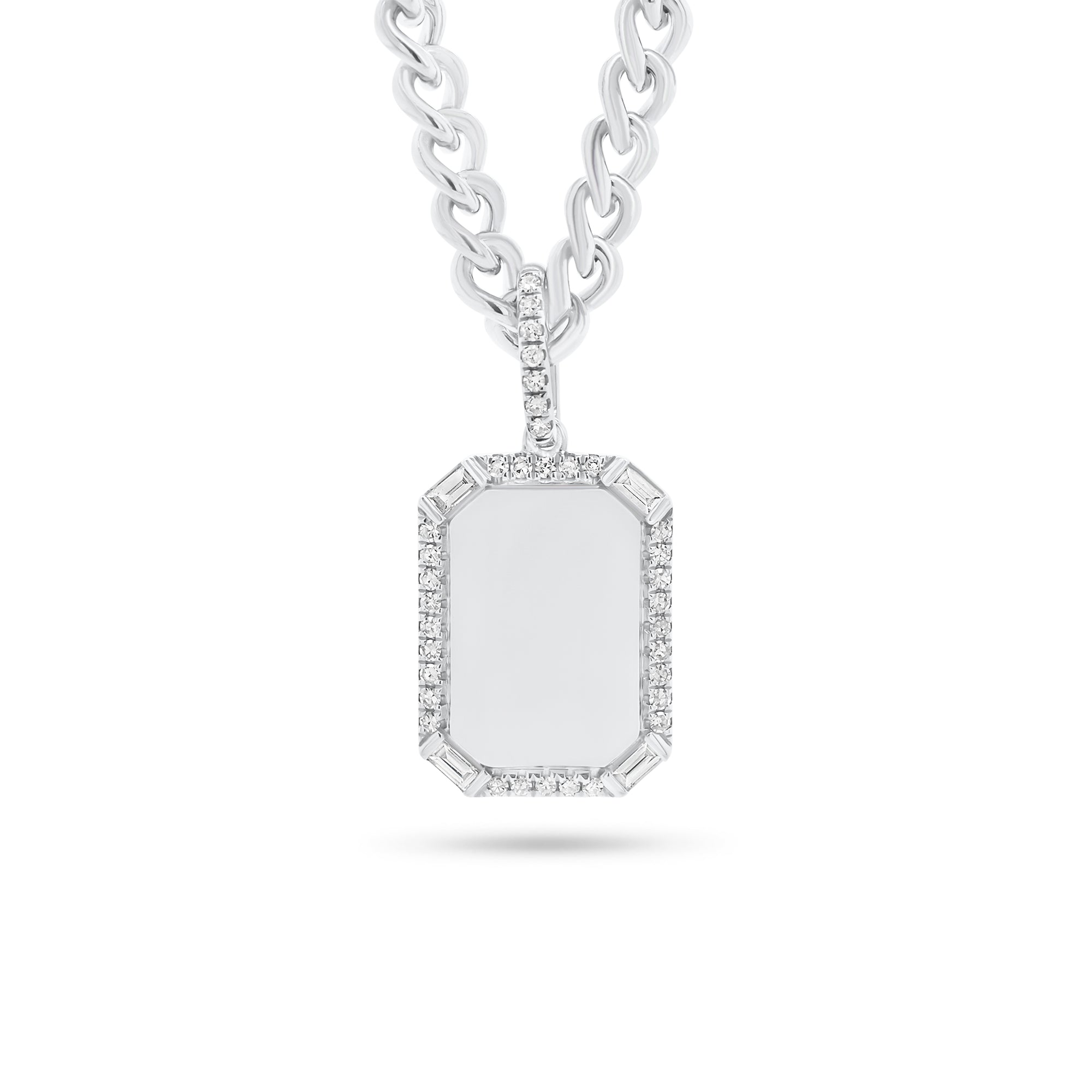 Pave & Baguette Diamond Dog Tag Pendant -14K yellow gold weighing 2.77 grams  -39 round diamonds weighing 0.12 carats  -4 slim baguettes weighing 0.20 carats