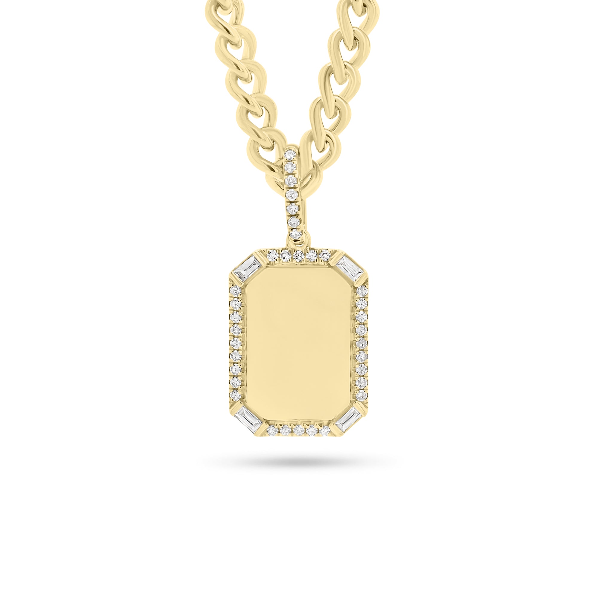 Pave & Baguette Diamond Dog Tag Pendant -14K yellow gold weighing 2.77 grams  -39 round diamonds weighing 0.12 carats  -4 slim baguettes weighing 0.20 carats