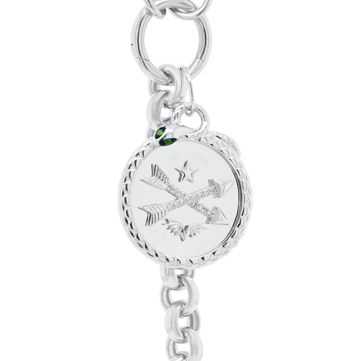 Emerald & Diamond Arrows & Snake Pendant - 14K gold weighing 3.53 grams - 15 round diamonds totaling 0.04 carats - 2 emeralds totaling 0.02 carats. 