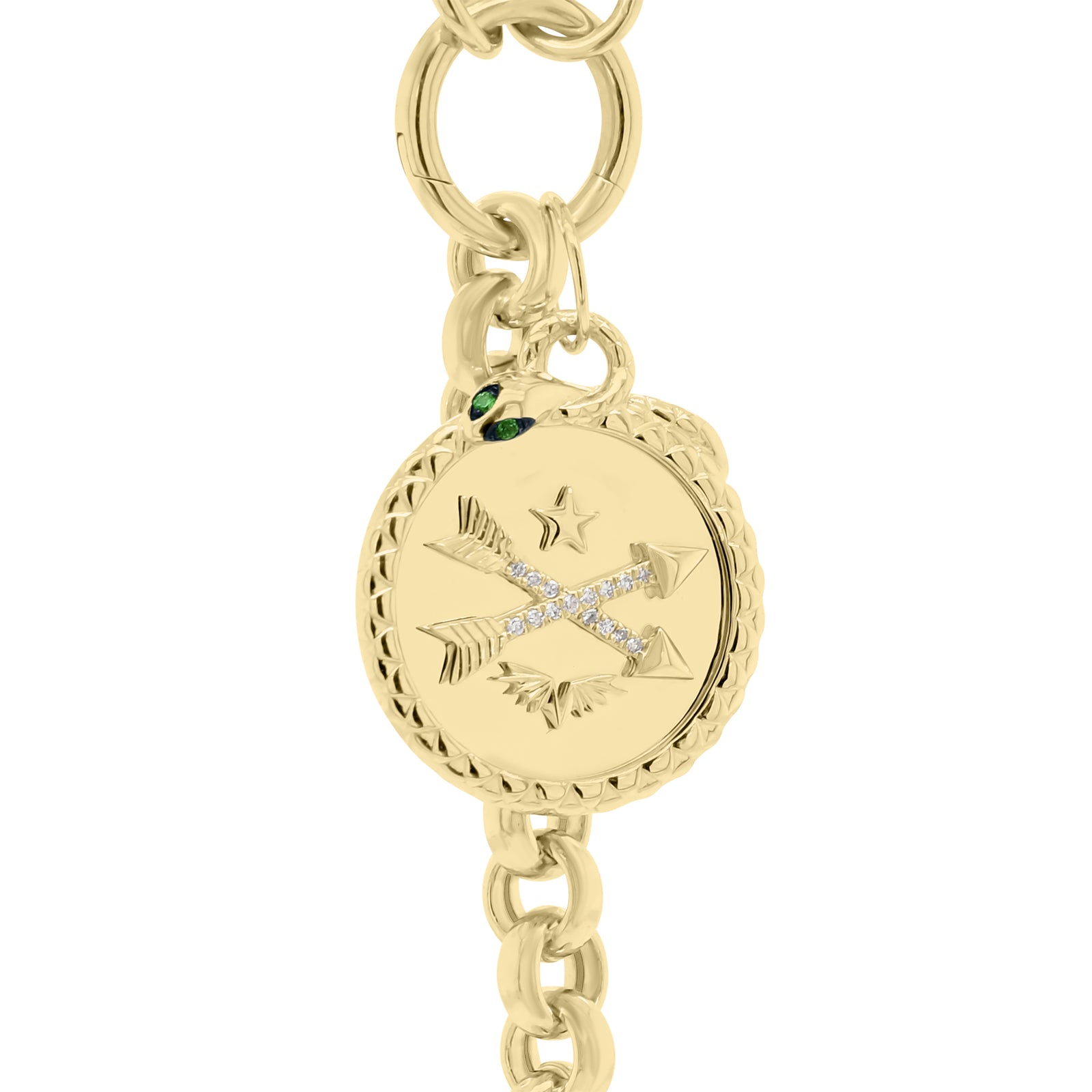 Emerald & Diamond Arrows & Snake Pendant - 14K gold weighing 3.53 grams - 15 round diamonds totaling 0.04 carats - 2 emeralds totaling 0.02 carats.