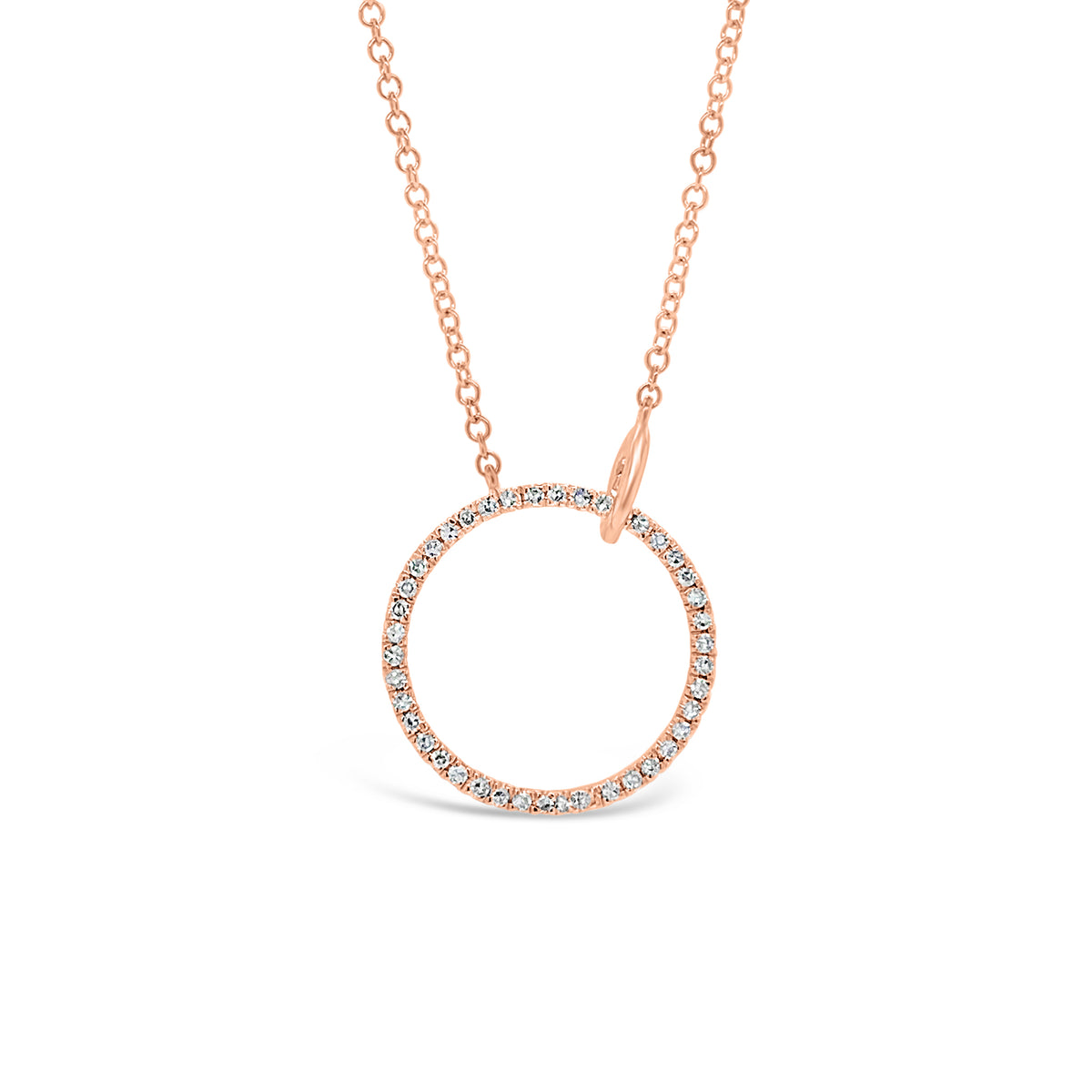 Diamond Open Circle Pendant  - 14K gold weighing 1.86 grams  - 42 round diamonds totaling 0.13 carats