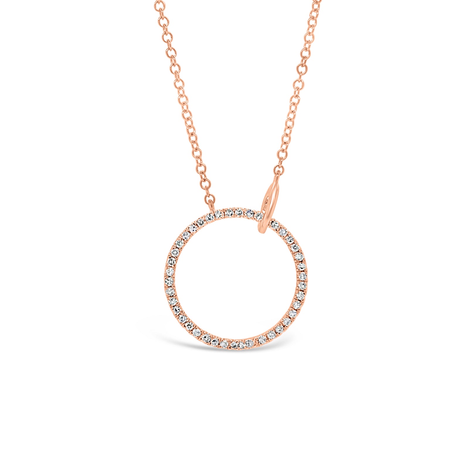 Diamond Open Circle Pendant  - 14K gold weighing 1.86 grams  - 42 round diamonds totaling 0.13 carats
