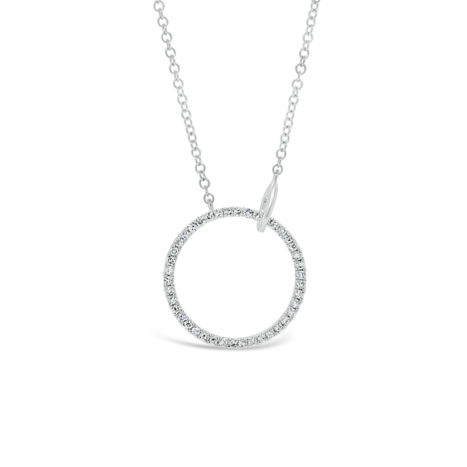 Diamond Open Circle Pendant  - 14K gold weighing 1.86 grams  - 42 round diamonds totaling 0.13 carats