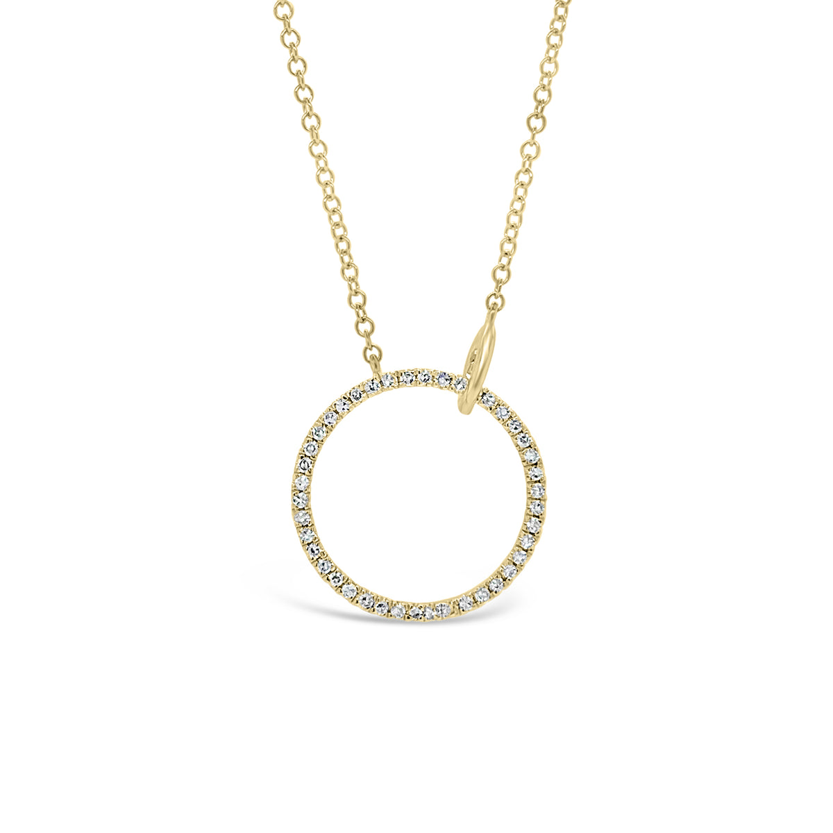 Diamond Open Circle Pendant  - 14K gold weighing 1.86 grams  - 42 round diamonds totaling 0.13 carats