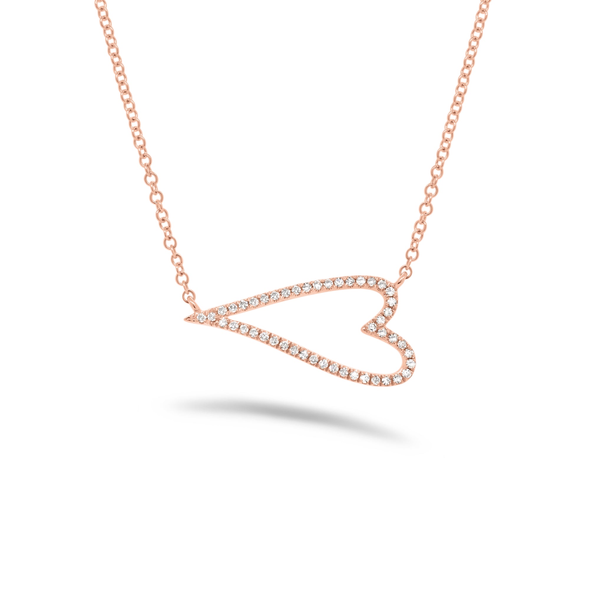 Diamond Horizontal Open Heart Necklace - 14K rose gold weighing 1.90 grams - 47 round diamonds totaling 0.11 carats