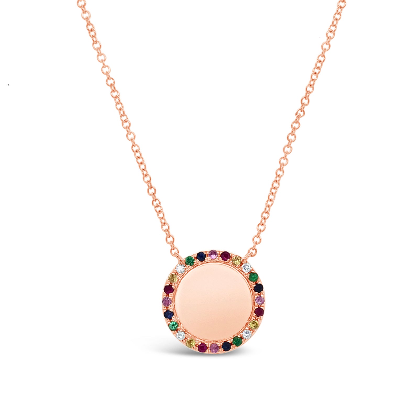 Rainbow Gemstone Disc Pendant  -14K gold weighing 2.60 grams  -24 multicolor gemstones totaling 0.20 carats