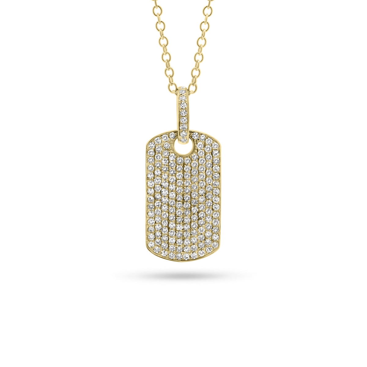 Pave Diamond Dog Tag Necklace with Diamond Bail  - 14K gold weighing 2.88 grams  - 168 round diamonds totaling 0.38 carats