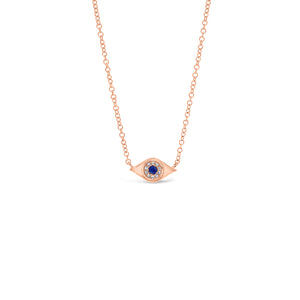 Sapphire & Diamond Evil Eye Pendant  - 14K rose gold weighing 1.65 grams  - 10 round diamonds totaling 0.02 carats  - 0.03 ct sapphire