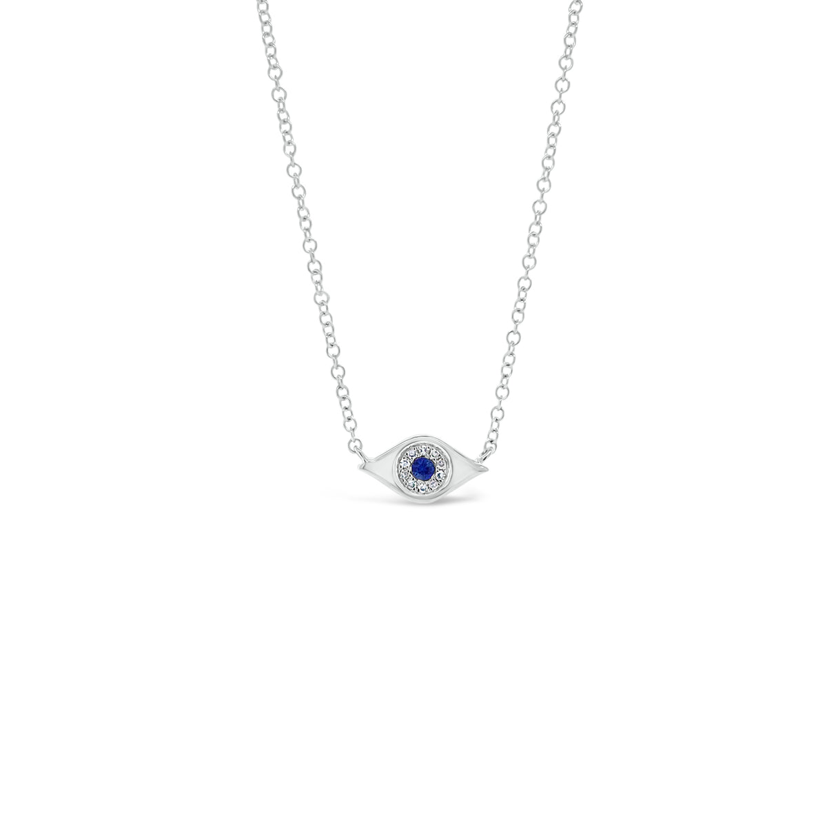 Sapphire & Diamond Evil Eye Pendant  - 14K white gold weighing 1.65 grams  - 10 round diamonds totaling 0.02 carats  - 0.03 ct sapphire