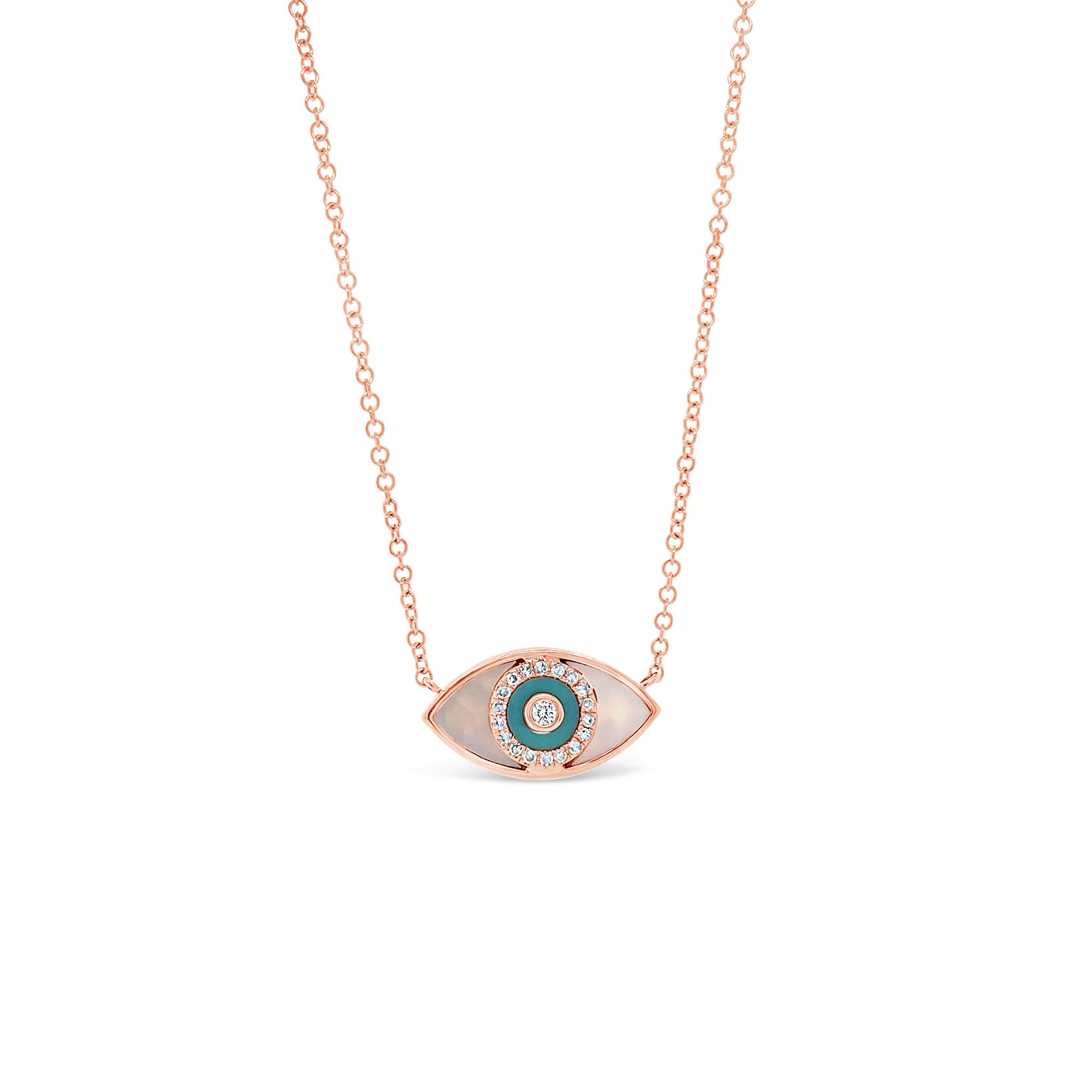 Mother of Pearl & Diamond Evil Eye Pendant  - 14K gold weighing 3.06 grams  - 19 round diamonds totaling 0.07 carats  - 0.15 ct white topaz