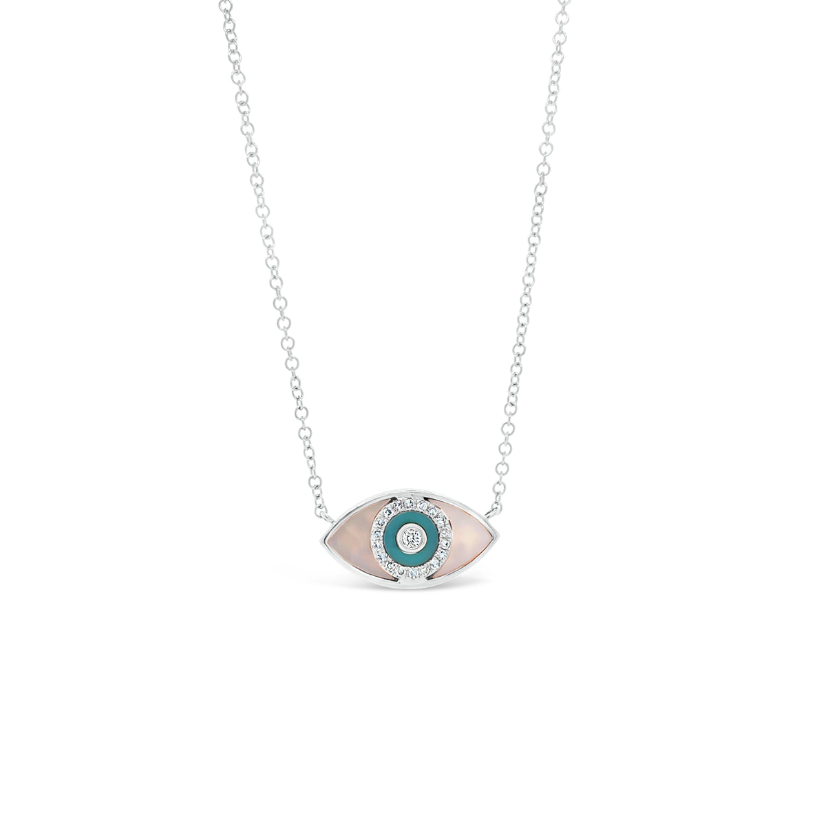 Mother of Pearl & Diamond Evil Eye Pendant  - 14K gold weighing 3.06 grams  - 19 round diamonds totaling 0.07 carats  - 0.15 ct white topaz