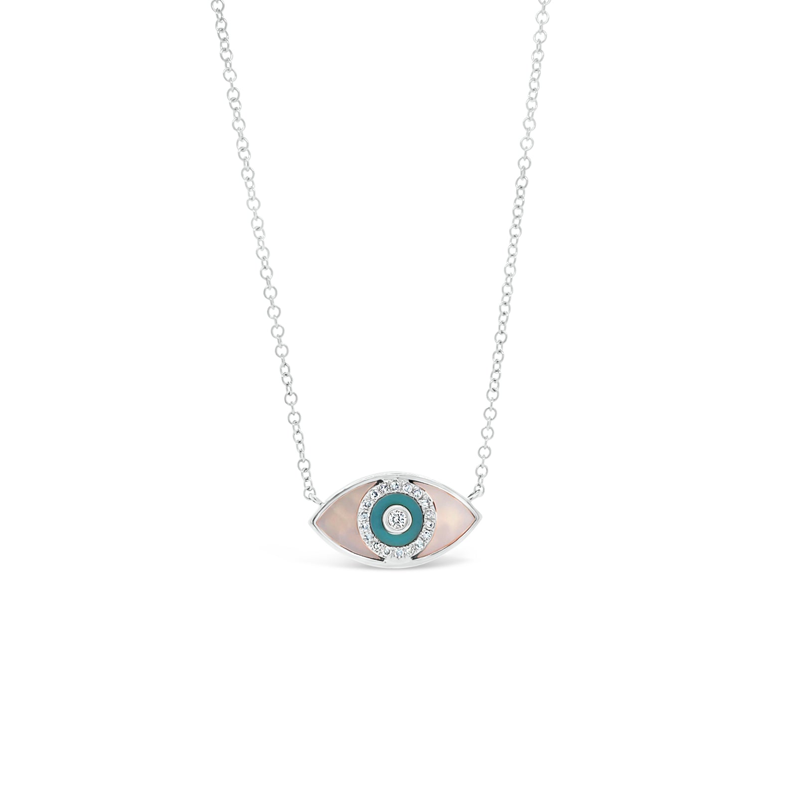 Mother of Pearl & Diamond Evil Eye Pendant  - 14K gold weighing 3.06 grams  - 19 round diamonds totaling 0.07 carats  - 0.15 ct white topaz