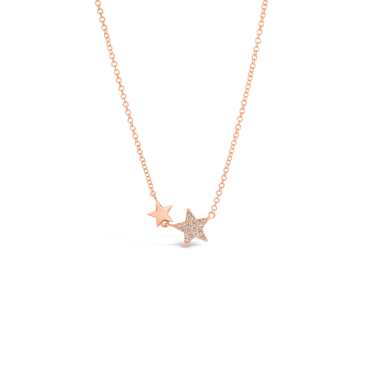 Diamond Double Star Necklace  - 14K gold weighing 1.82 grams  - 21 round diamonds totaling 0.05 carats