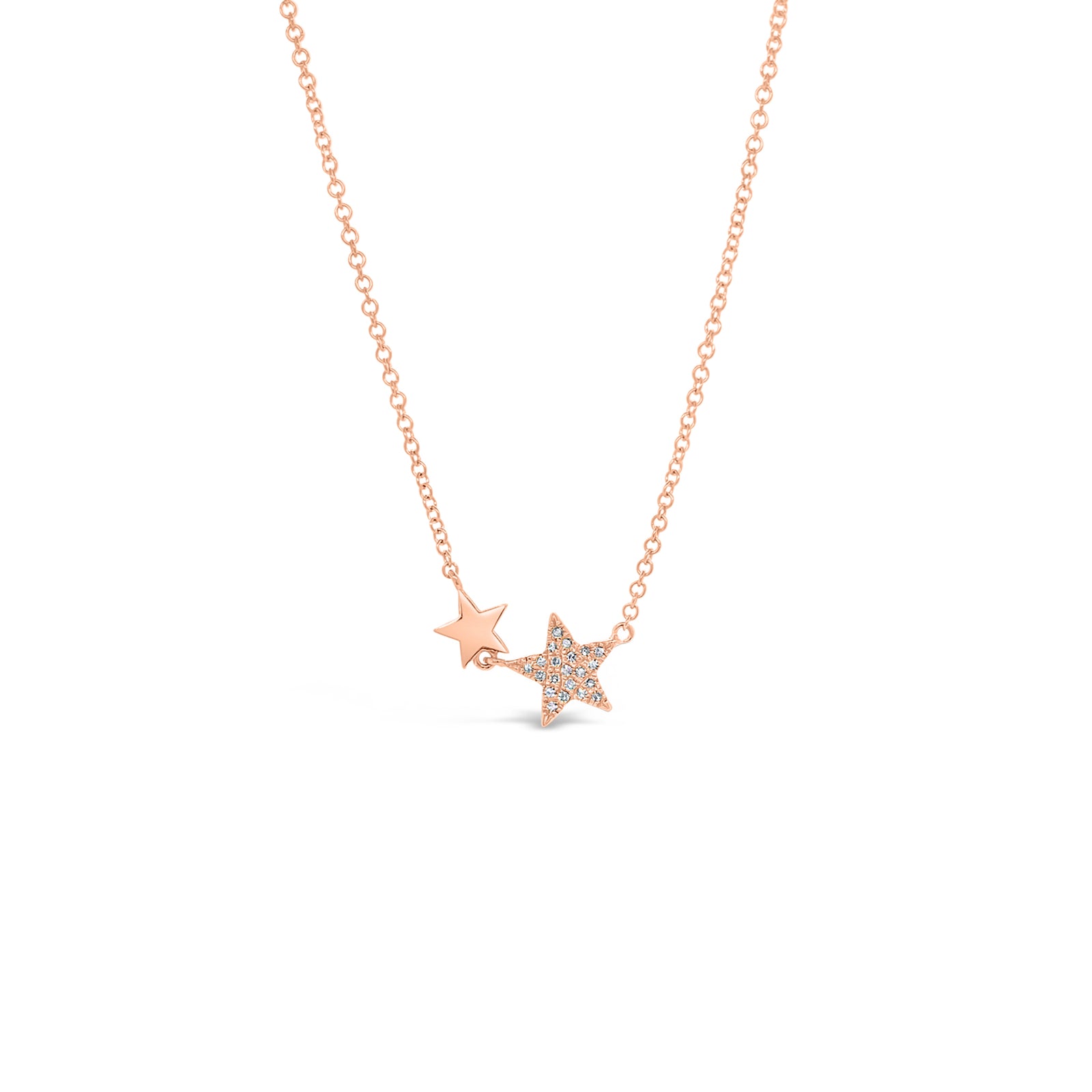 Diamond Double Star Necklace  - 14K gold weighing 1.82 grams  - 21 round diamonds totaling 0.05 carats