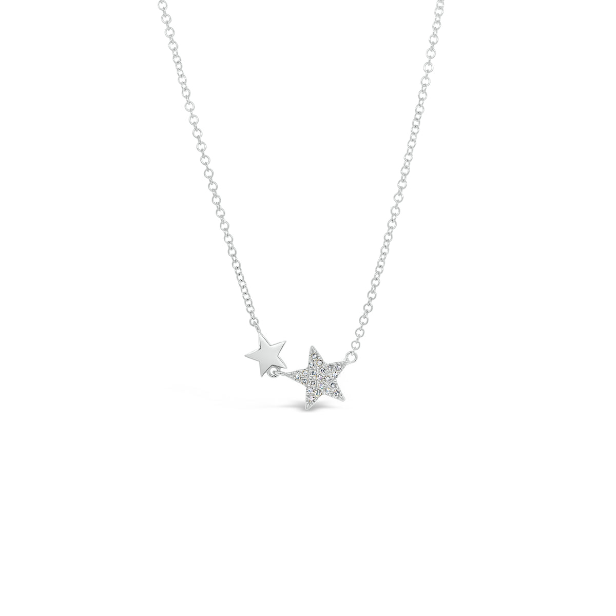 Diamond Double Star Necklace  - 14K gold weighing 1.82 grams  - 21 round diamonds totaling 0.05 carats