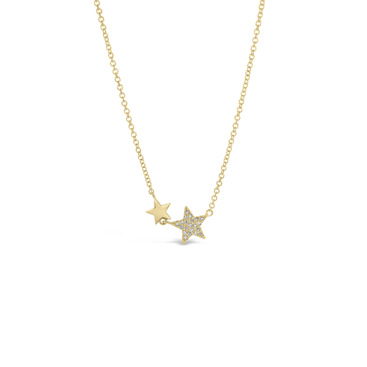Diamond Double Star Necklace  - 14K gold weighing 1.82 grams  - 21 round diamonds totaling 0.05 carats