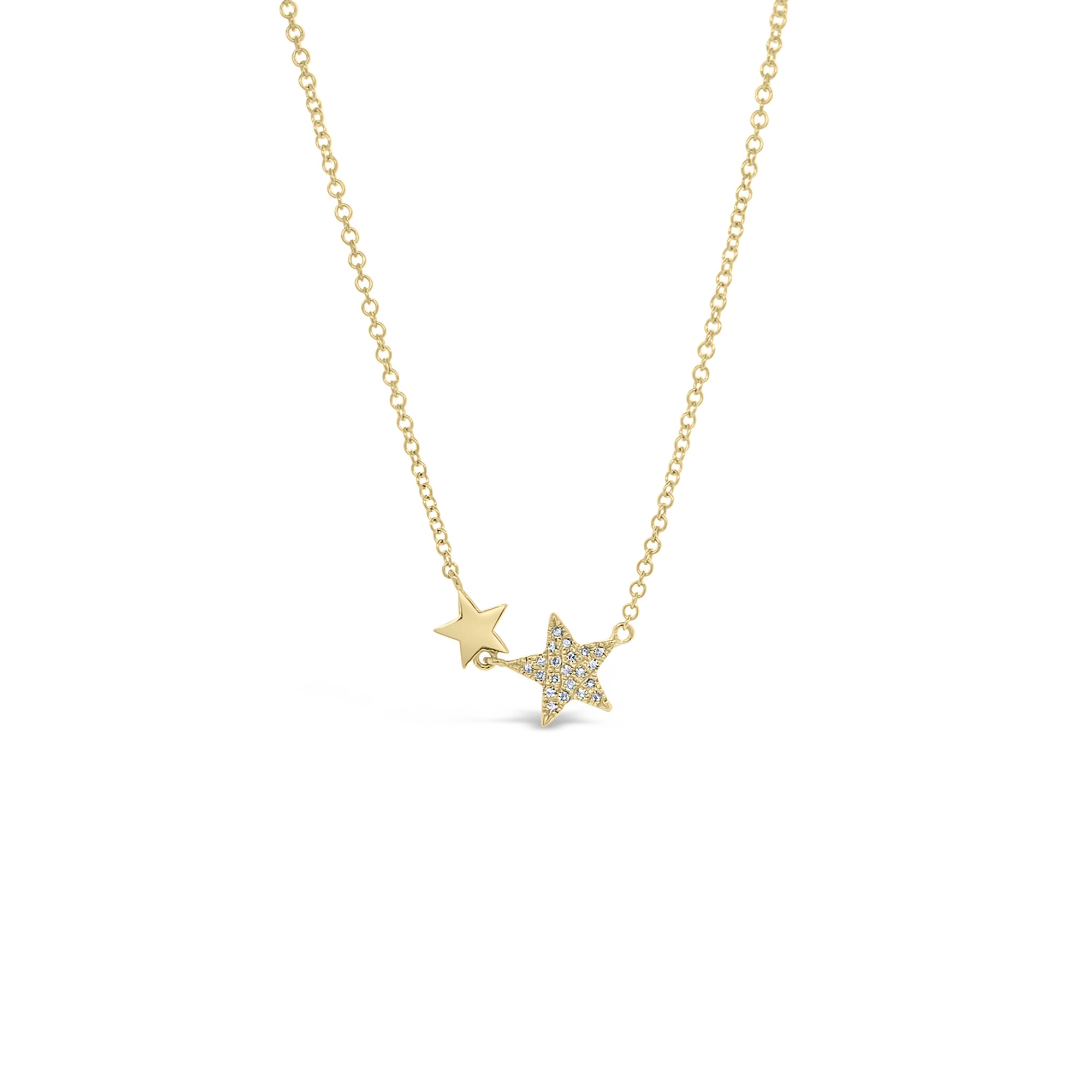 Diamond Double Star Necklace  - 14K gold weighing 1.82 grams  - 21 round diamonds totaling 0.05 carats