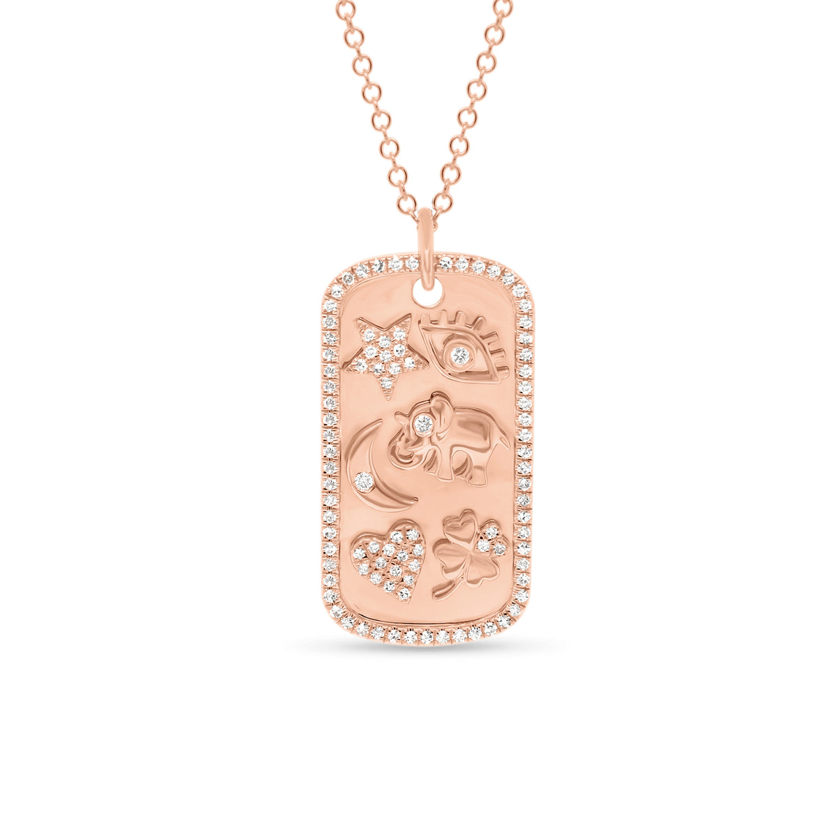 Diamond Lucky Symbols Dog Tag Pendant  - 14K gold weighing 5.18 grams  - 95 round diamonds totaling 0.21 carats